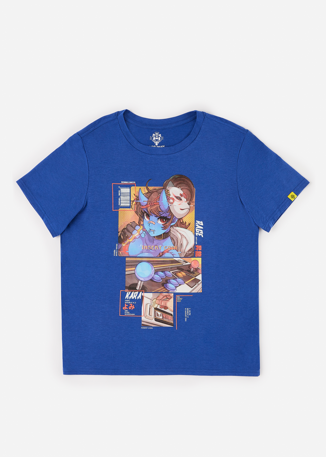 A front facing photo from the FGC, a fighting game community inspired shirt, anime waifu on the front in print on this graphic shirt