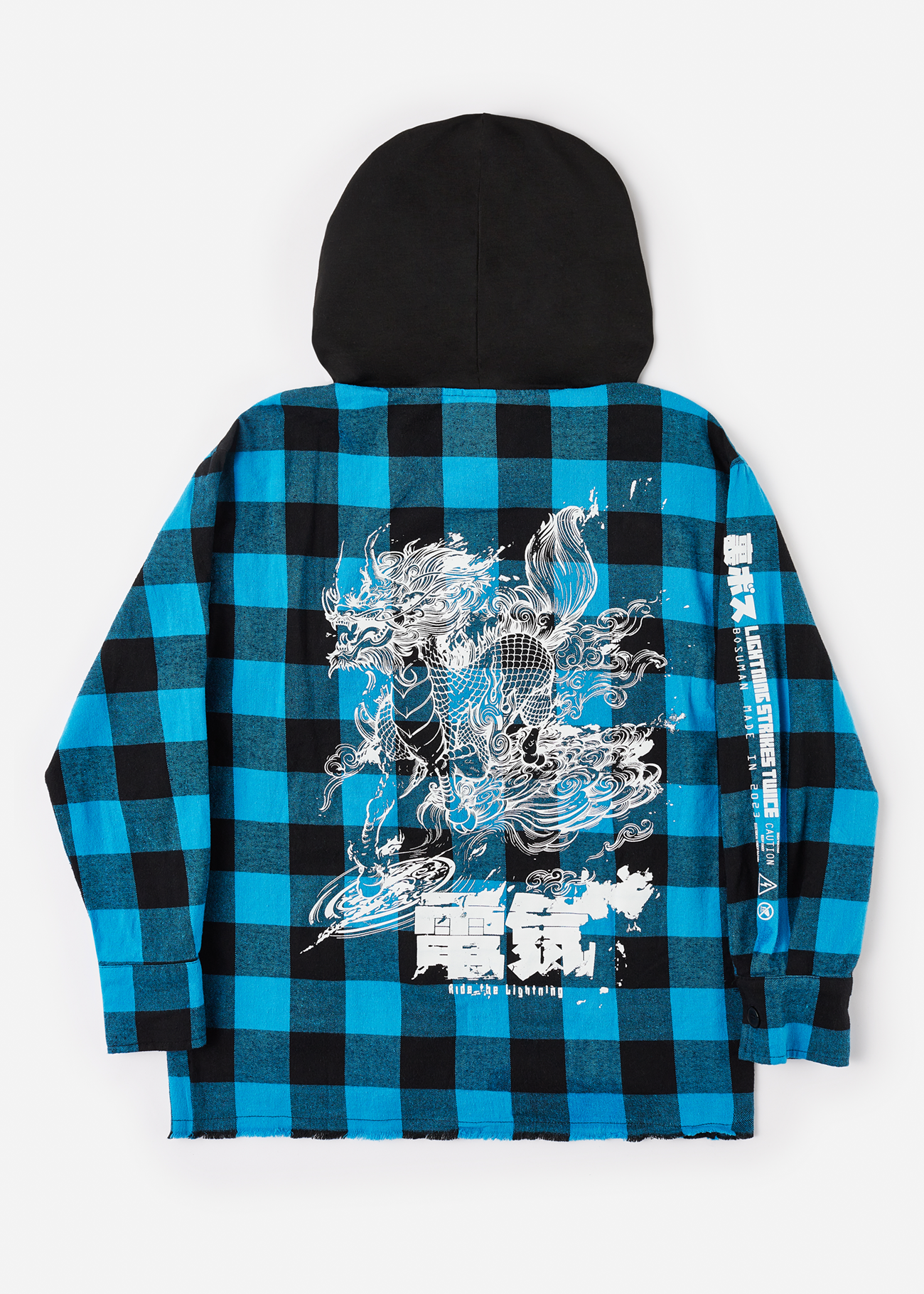 A premium blue flannel front facing photograph with hoodie and screen print depicting the Kirin on its back, Japanese mythology figure on an anime hoodie