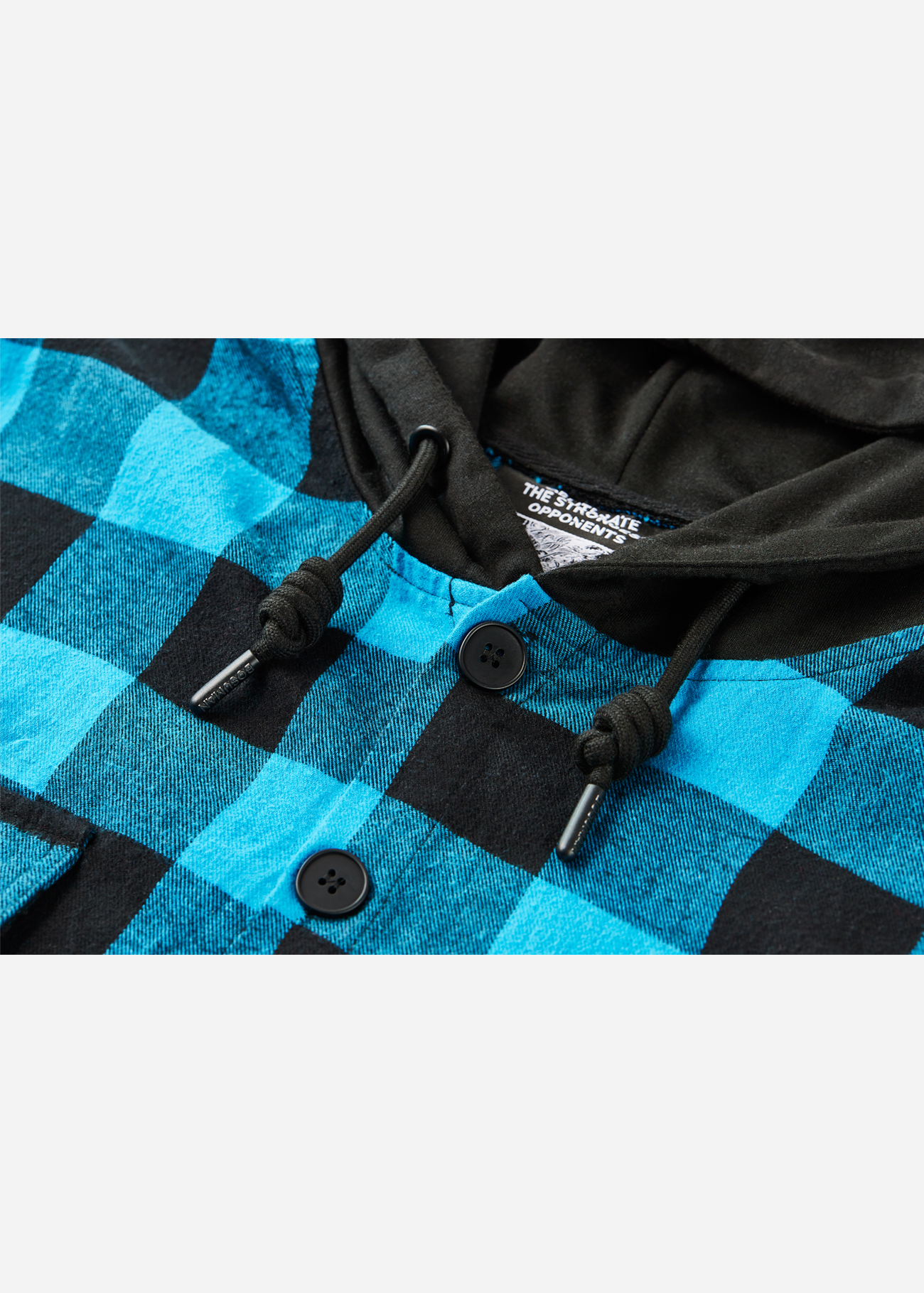 A premium blue flannel front facing photograph with hoodie and screen print depicting the Kirin on its back, Japanese mythology figure on an anime hoodie