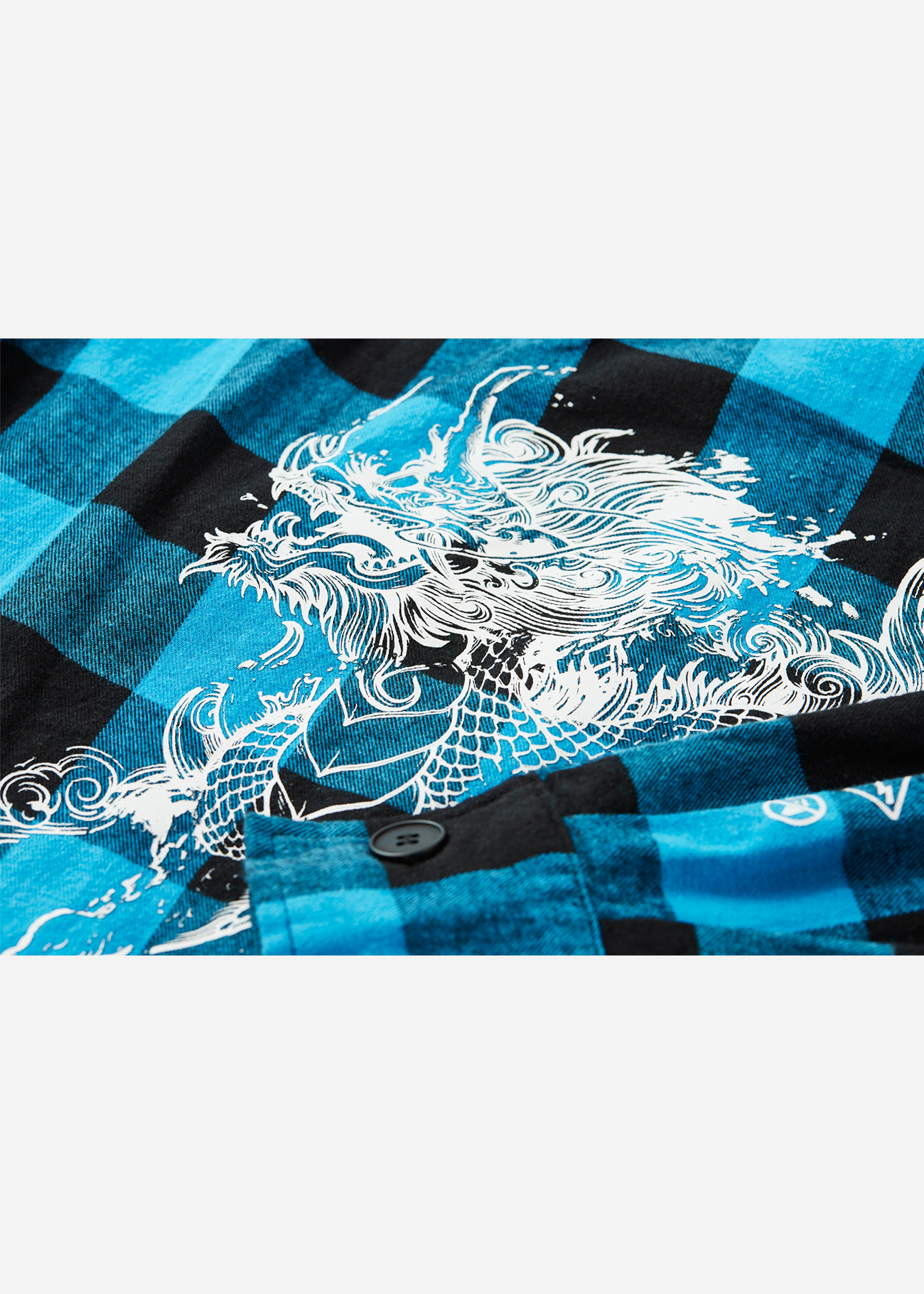 A premium blue flannel front facing photograph with hoodie and screen print depicting the Kirin on its back, Japanese mythology figure on an anime hoodie