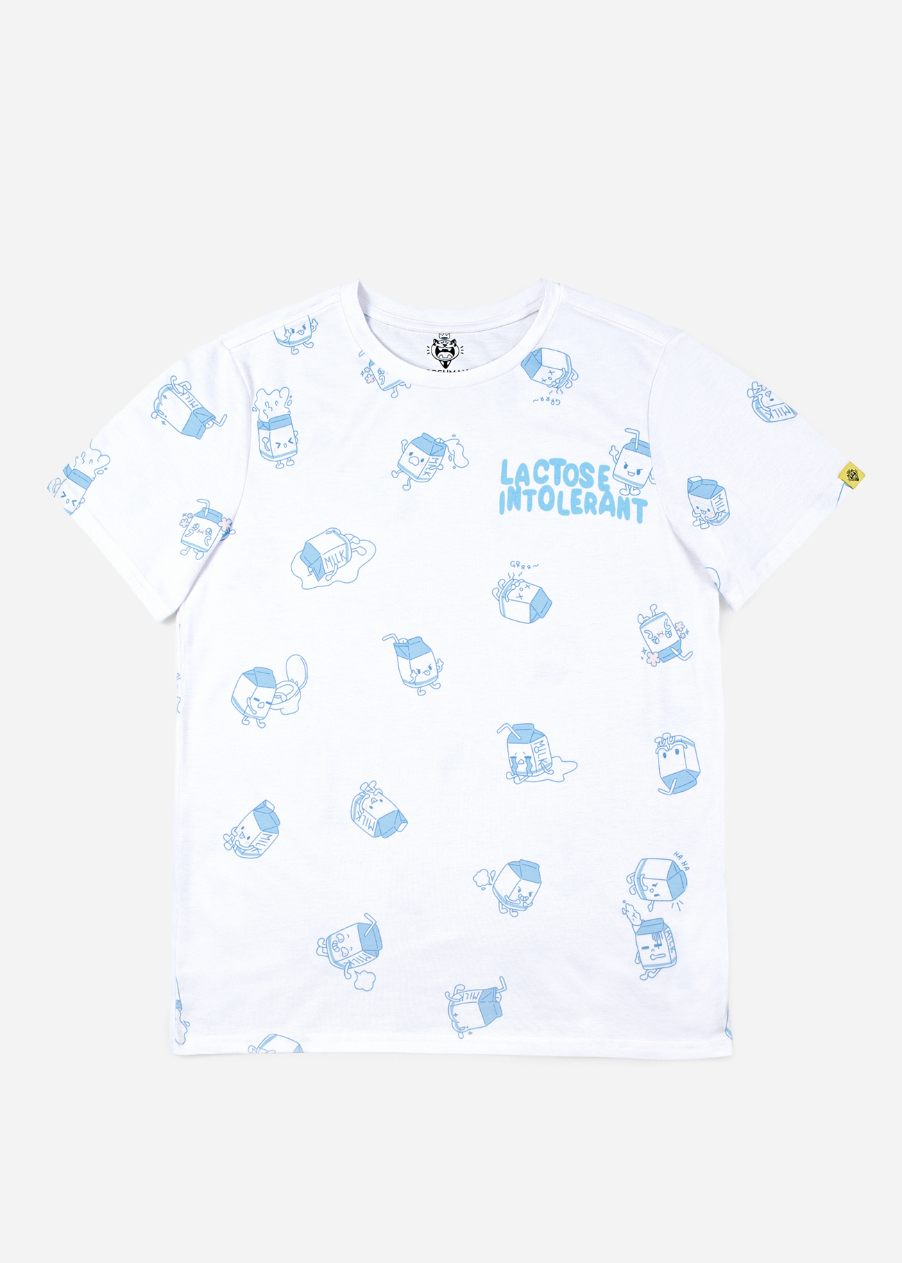 An anime tshirt featuring small lactose intolerant themed characters getting up to mischief! Anime clothing, anime shirts, and more.