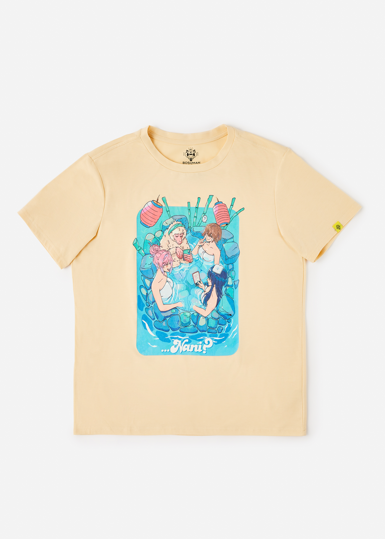 An anime t shirt front photo depicting 3 girls and a monkey sharing a moment in the hotsprings together
