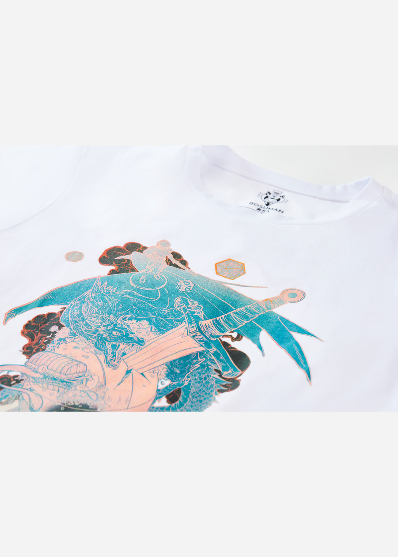 A DND and tabletop inspired graphic shirt featuring a skull, dragon, and sword on the front