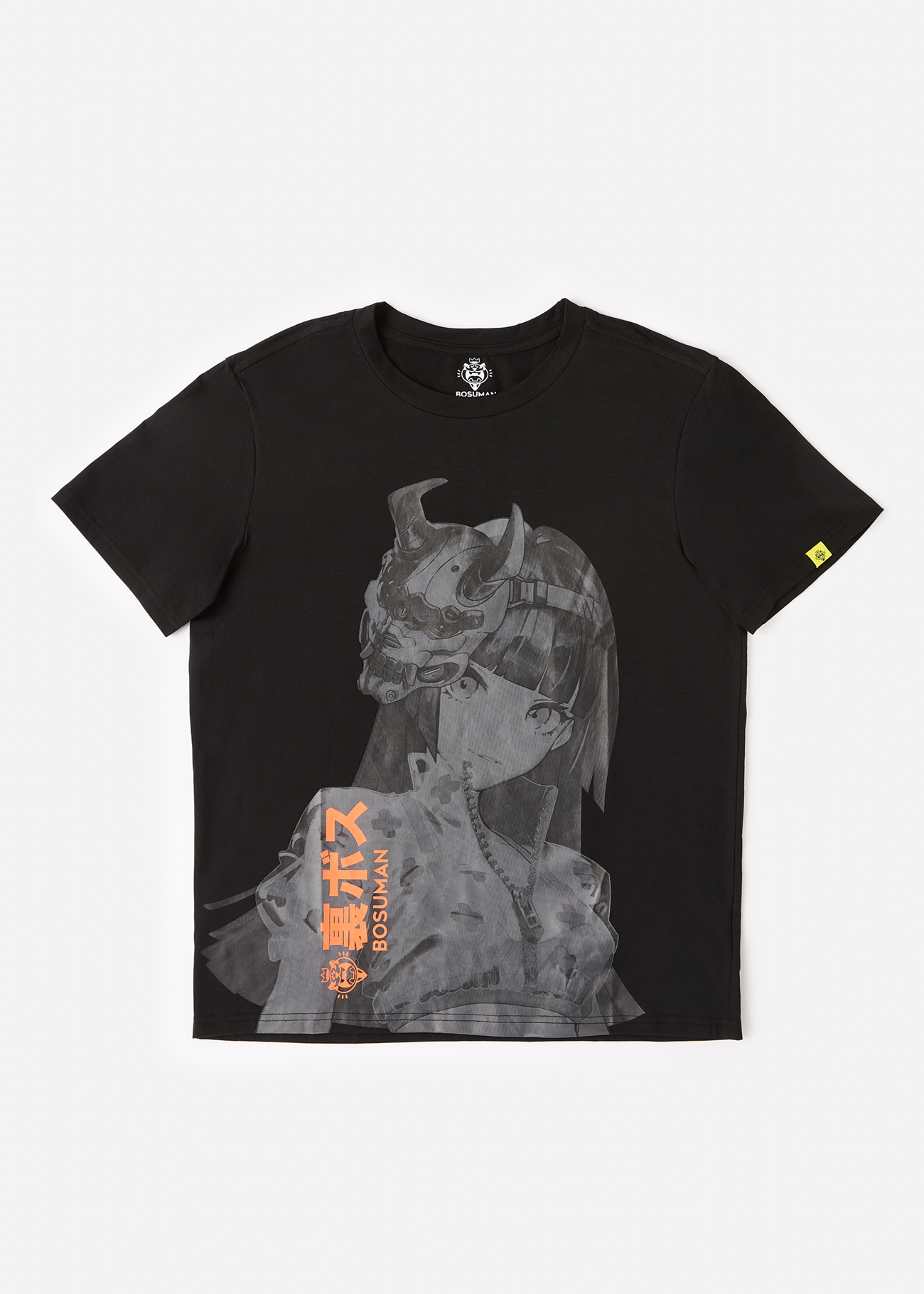 Graphic tee with oni girl waifu screen print, front facing photograph