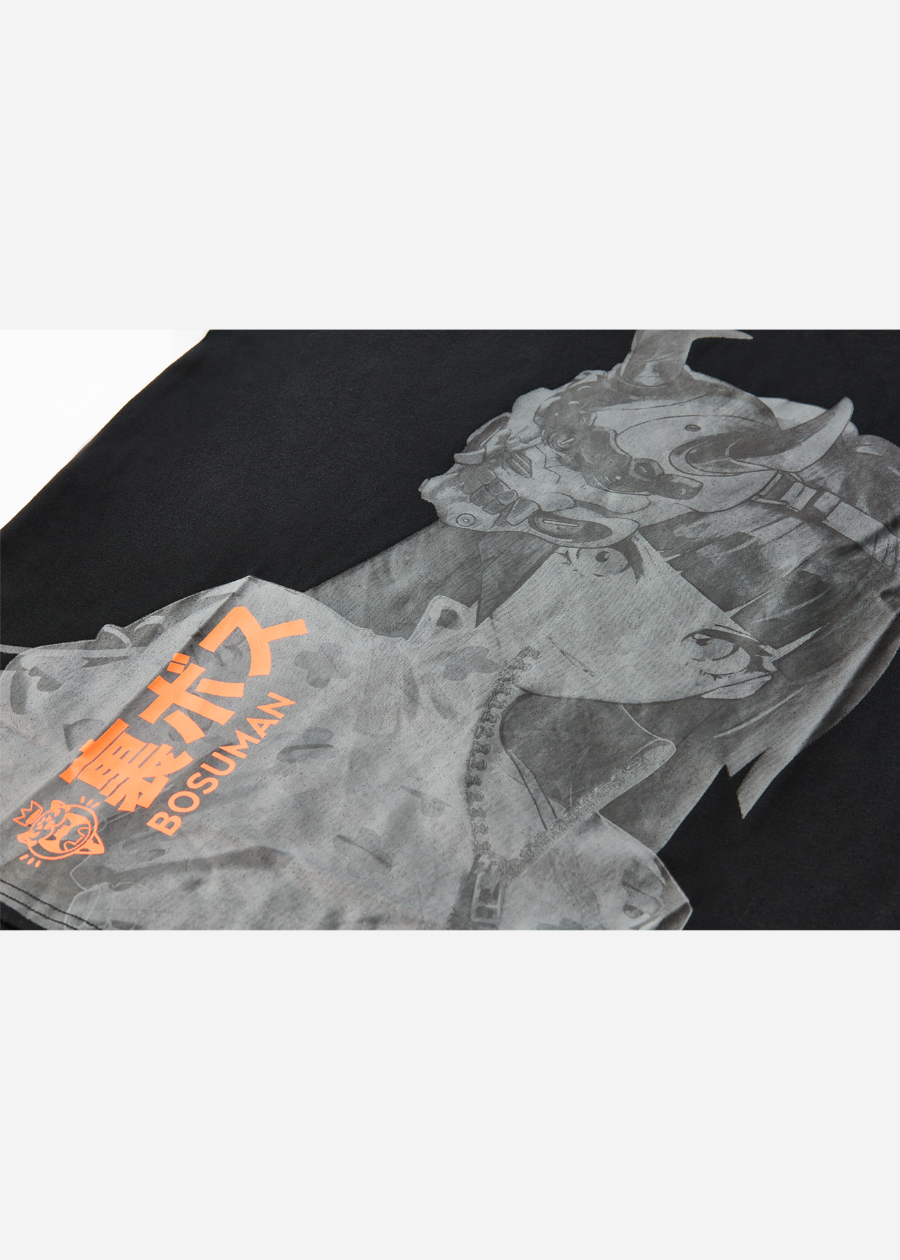 Close up of graphic tee with oni girl shirt screen printed