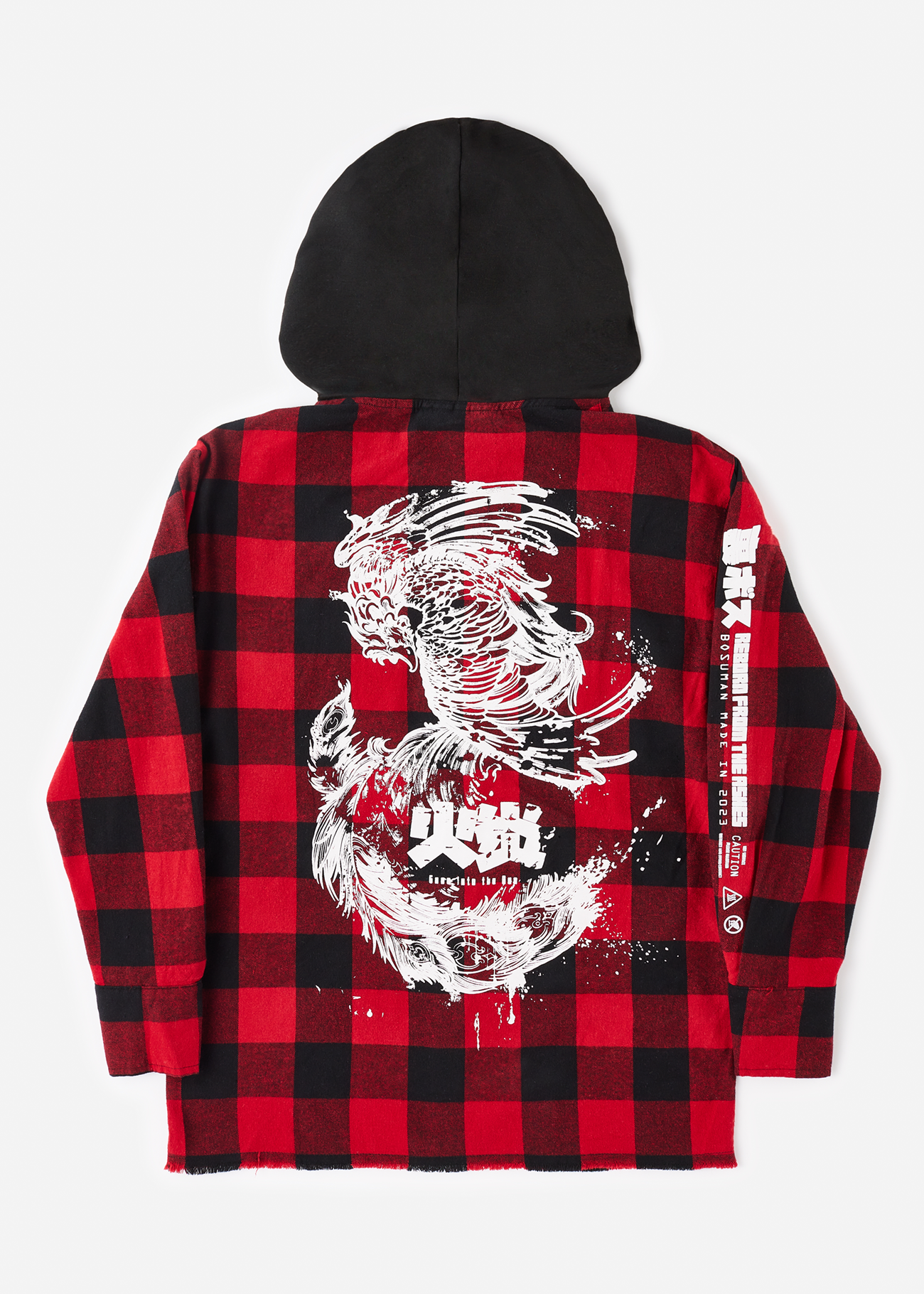 Back photo of the Phoenix Flannel - Anime clothing depicting a Phoenix in screen print on the back