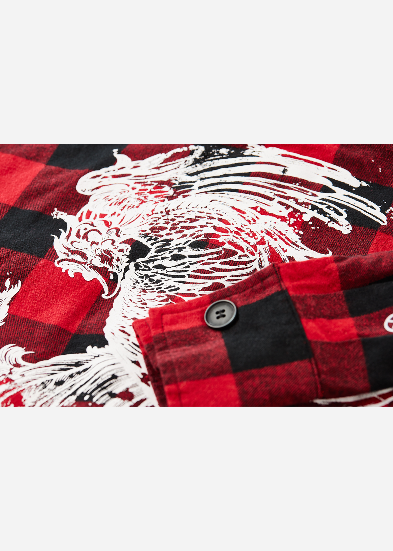 Close back photo of Phoenix Flannel - clothing depicting a Phoenix in screen print on the back