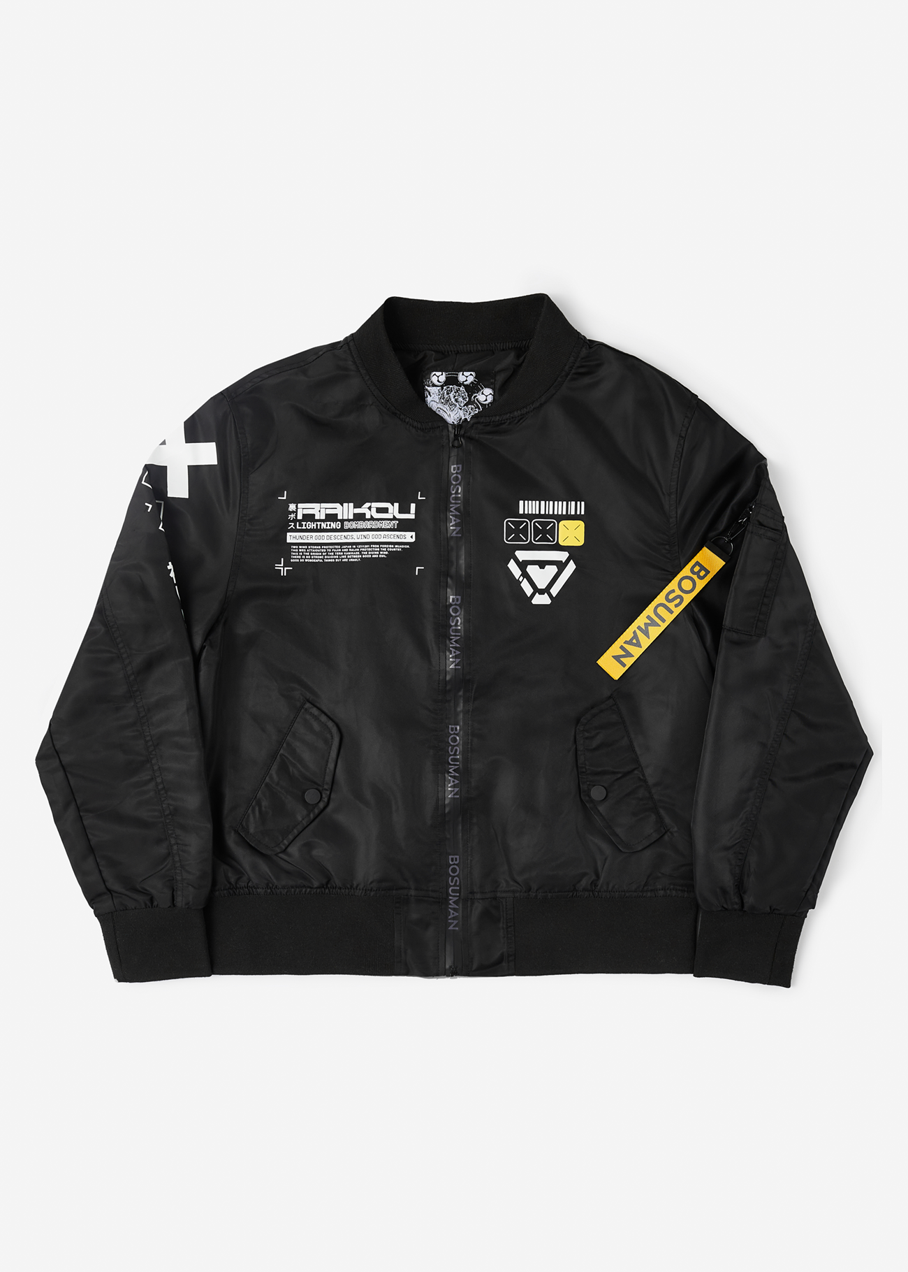 Photo of the front of a Black Bomber Jacket featuring Raijin, a Japanese Mythology Figure converted to an anime inspired bomber jacket