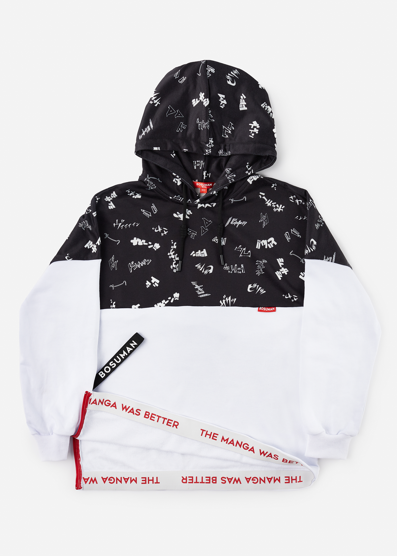 Front photo of a anime hoodie with manga SFX scattered all over it, black and white anime clothing