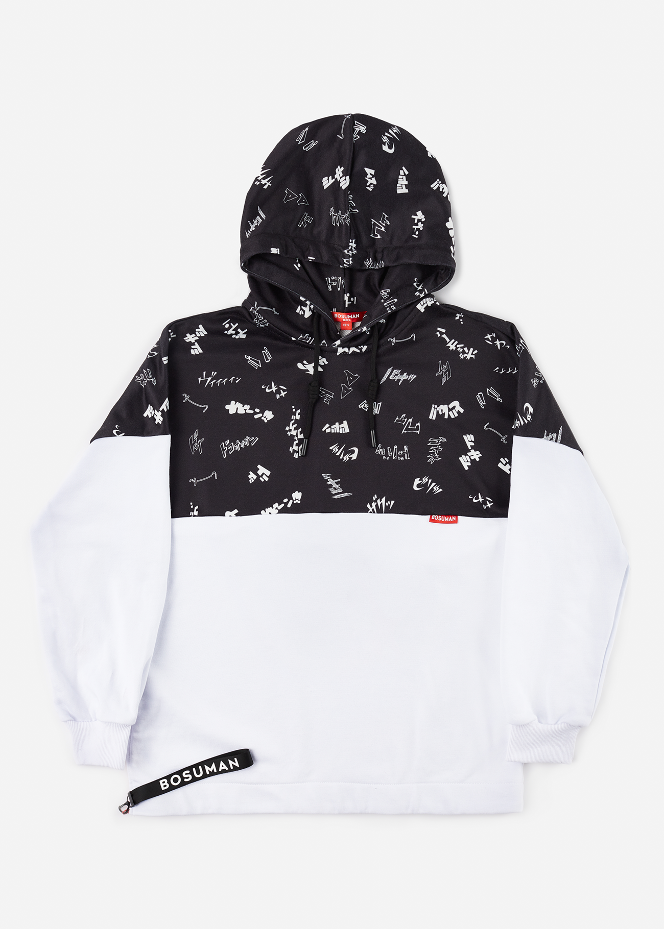 Back photo of a anime hoodie with manga SFX scattered all over it, black and white anime clothing