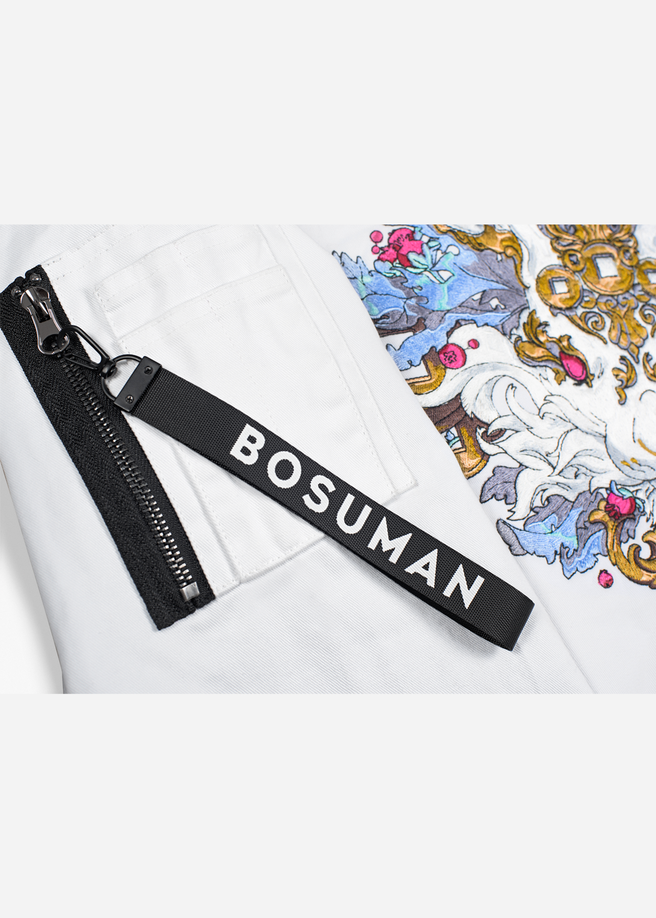 Close up of the zipper and aviator flag for the Zodiac rabbit bomber jacket