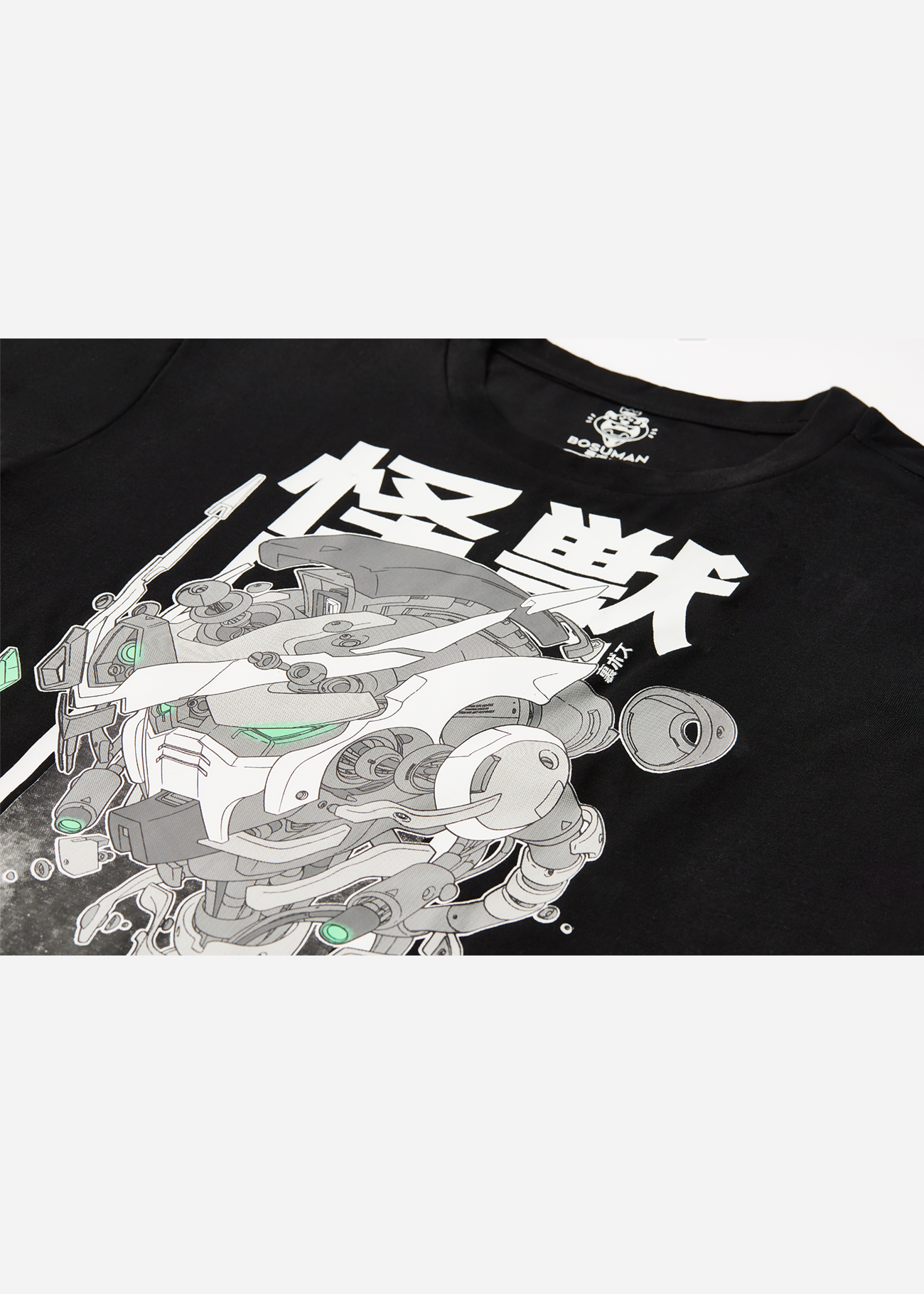 A front facing photo of a mecha anime figure head, floating in space. Premium anime tshirt