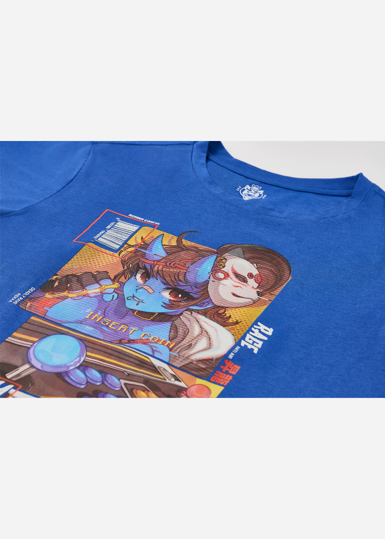 A front facing photo from the FGC, a fighting game community inspired shirt, anime waifu on the front in print on this graphic shirt
