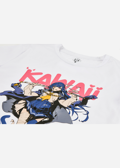 A front facing photo of the white version of the kawaii as f*ck waifu anime shirt