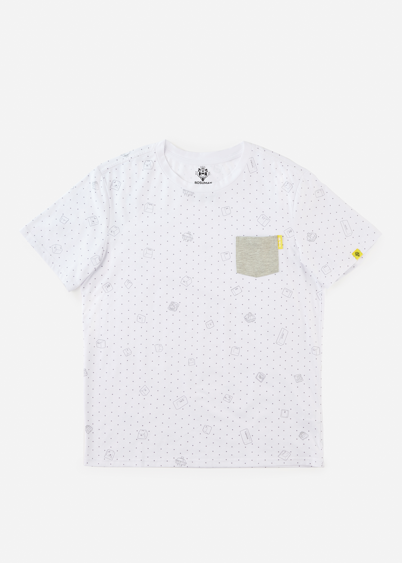 A photo of the all over keycap print on a pocket tee shirt