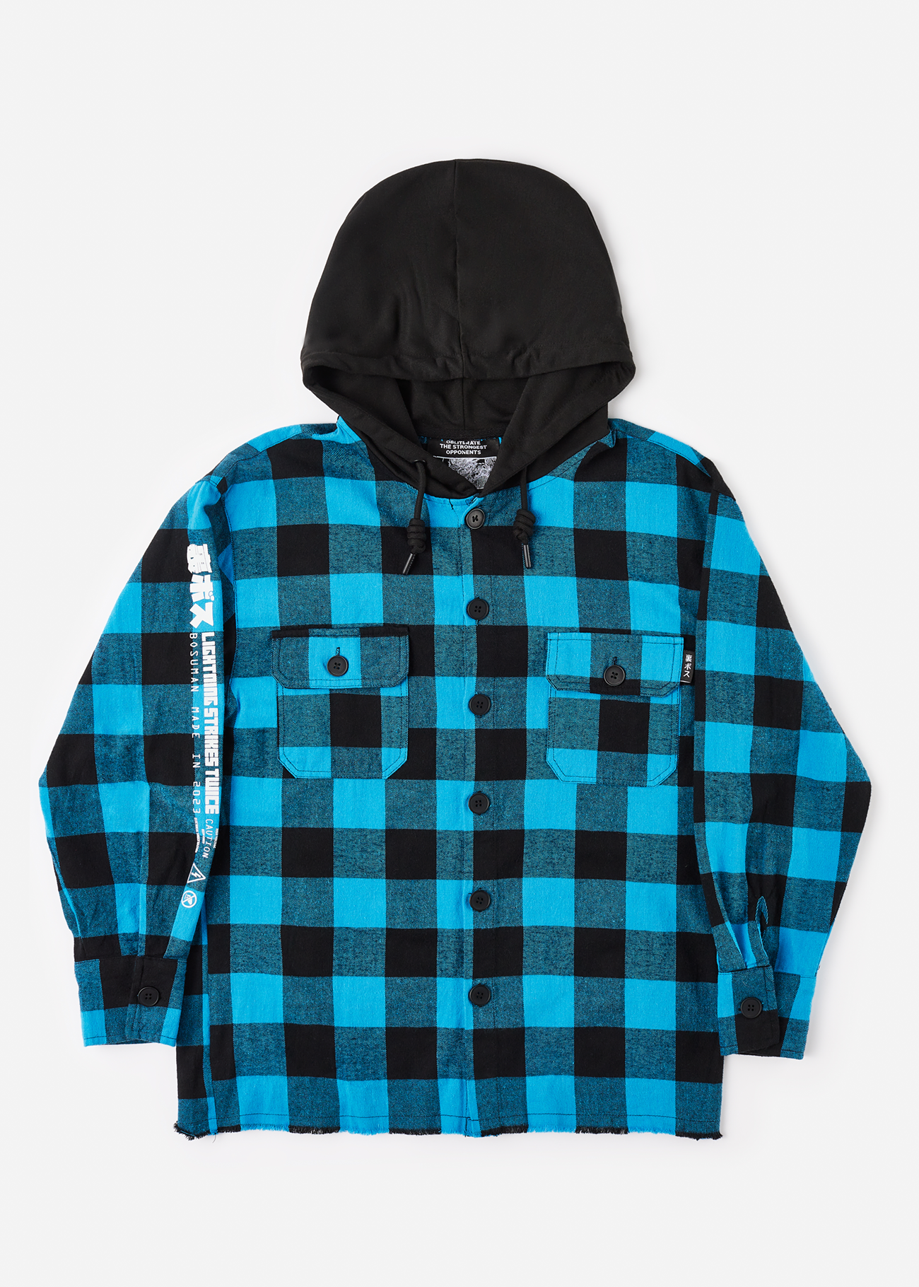 A premium blue flannel front facing photograph with hoodie and screen print depicting the Kirin on its back, Japanese mythology figure on an anime hoodie