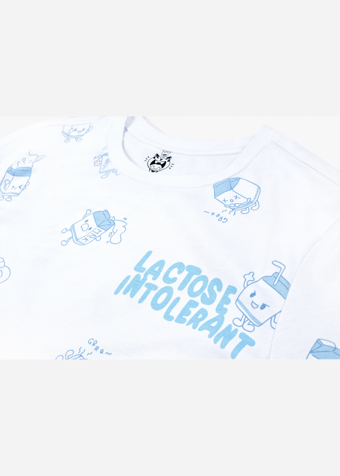An anime tshirt featuring small lactose intolerant themed characters getting up to mischief! Anime clothing, anime shirts, and more. High quality cotton clothes.