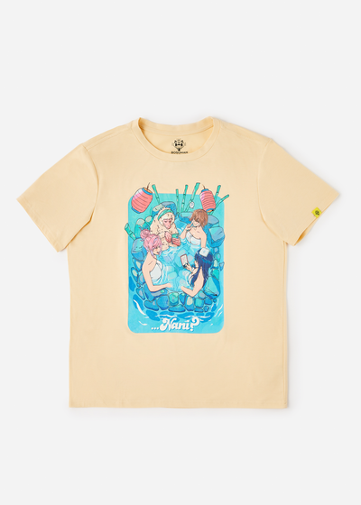 An anime t shirt front photo depicting 3 girls and a monkey sharing a moment in the hotsprings together
