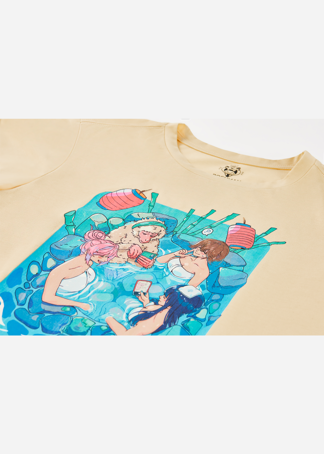 An anime t shirt front photo depicting 3 girls and a monkey sharing a moment in the hotsprings together