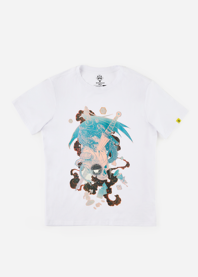 A DND and tabletop inspired graphic shirt featuring a skull, dragon, and sword on the front
