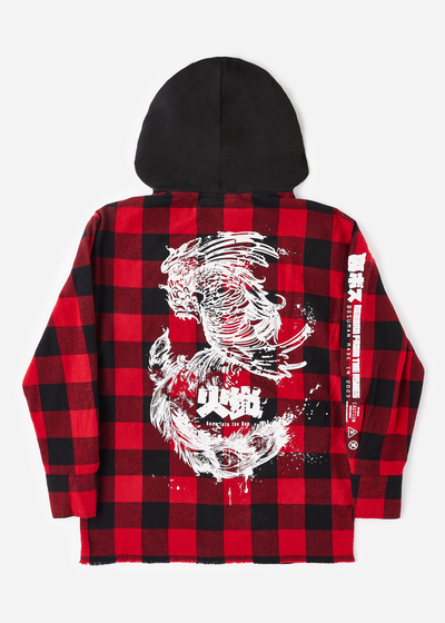 Back photo of the Phoenix Flannel - Anime clothing depicting a Phoenix in screen print on the back