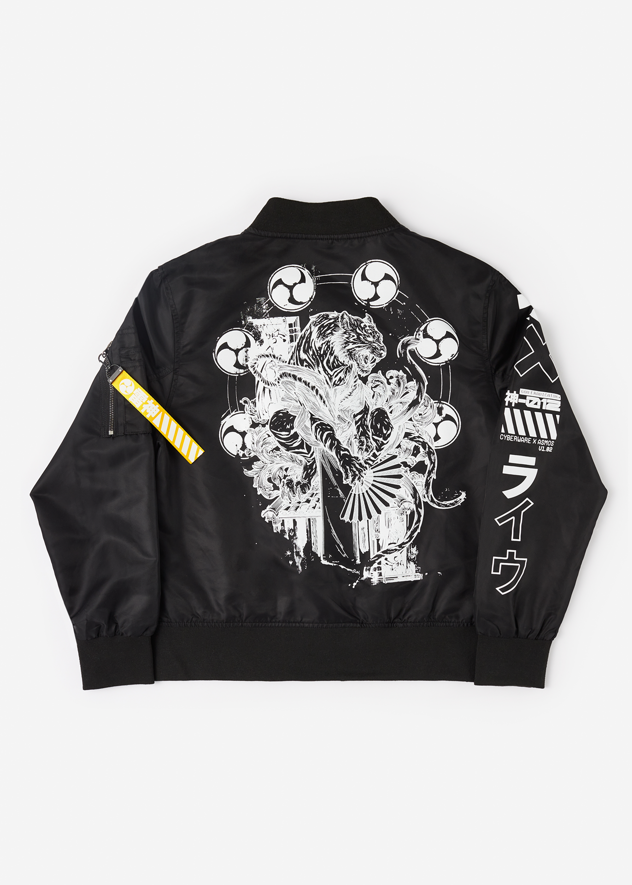 Photo of the back of a Black Bomber Jacket featuring a large screen print Raijin, a Japanese Mythology Figure converted to an anime inspired bomber jacket