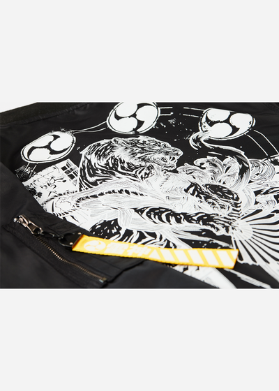 Close up photo of the back of a Black Bomber Jacket featuring Raijin, a Japanese Mythology Figure converted to an anime inspired bomber jacket