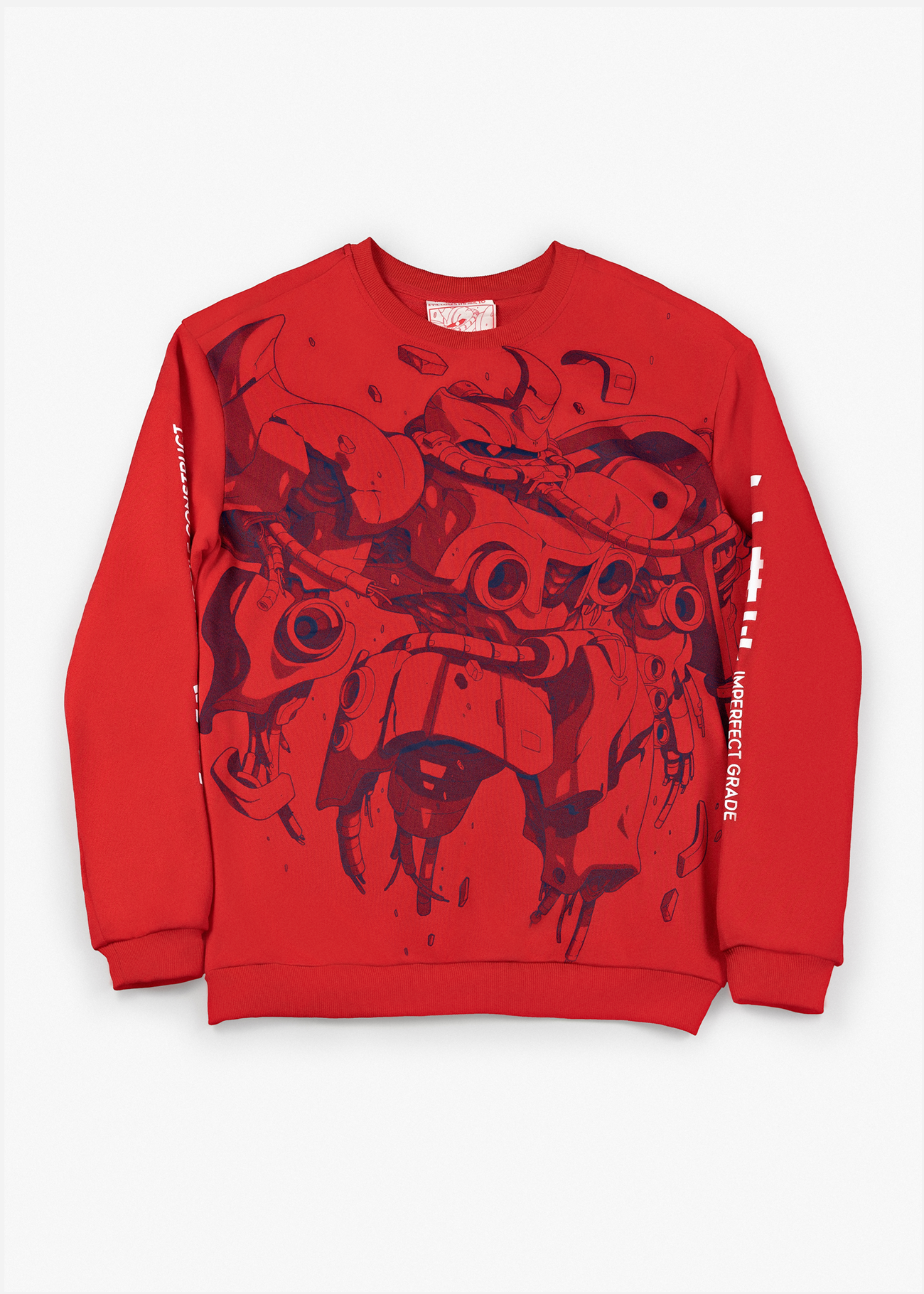 Photo of the front of Red sweater with a mecha anime design on the front in screen print, inspired anime clothing