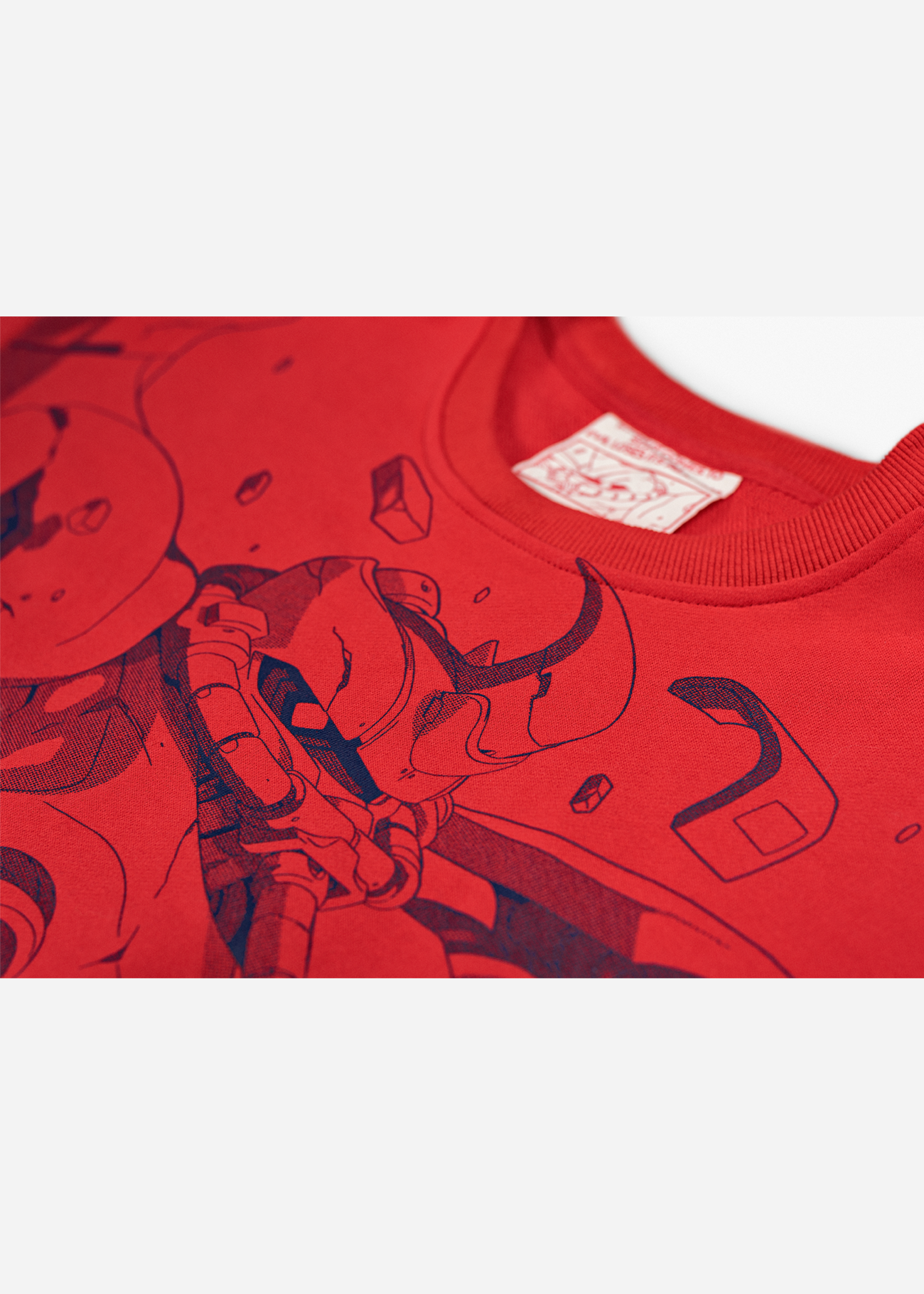 Close up photo of Red sweater with a mecha anime design on the front in screen print, inspired anime clothing