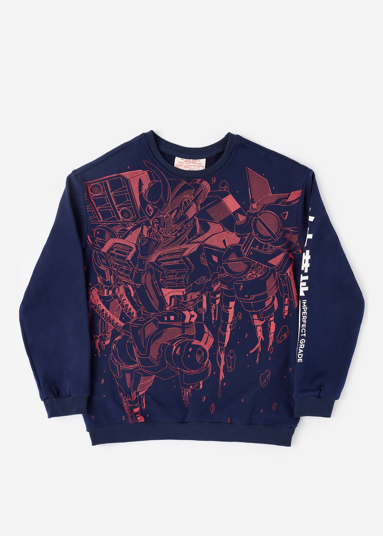 Front facing photo of an Anime-inspired blue sweater featuring a screen-printed mecha design on the front, styled for anime enthusiasts.