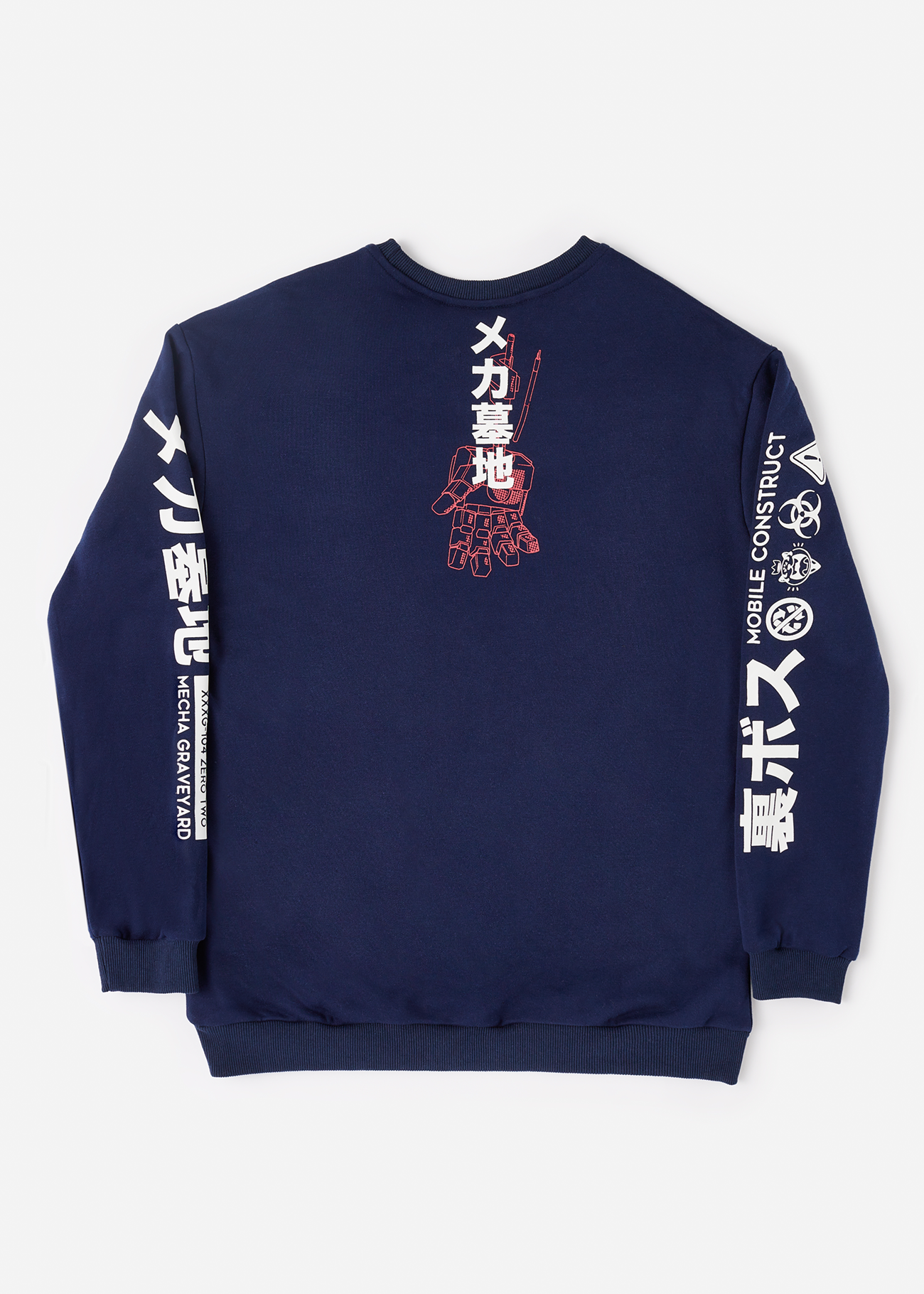 Back photo of Anime-inspired blue sweater featuring a screen-printed mecha design on the front, styled for anime enthusiasts.