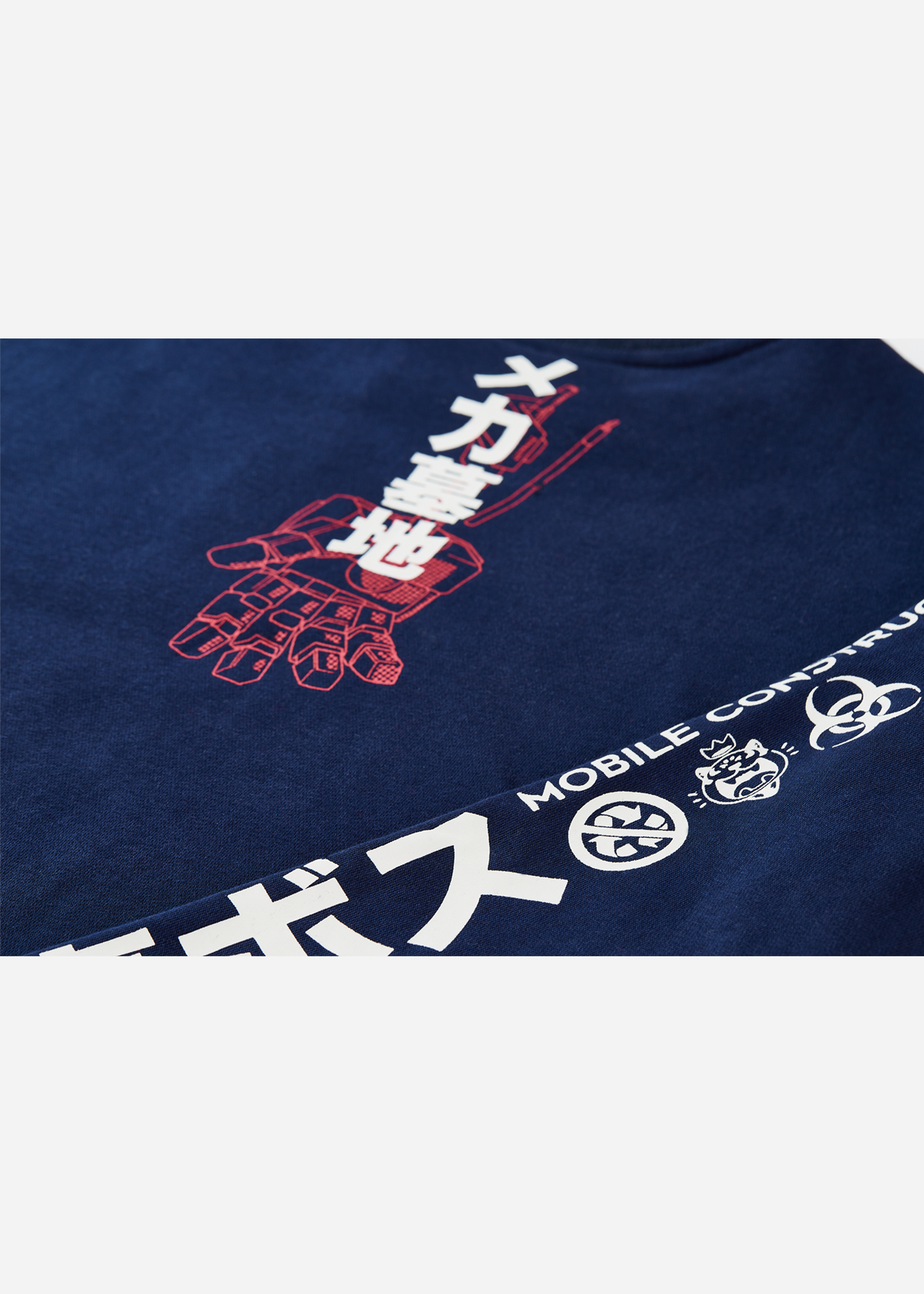 Close up photo of the back of Anime-inspired blue sweater featuring a screen-printed mecha design on the front, styled for anime enthusiasts.