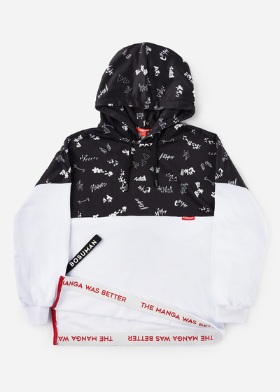 Front photo of a anime hoodie with manga SFX scattered all over it, black and white anime clothing