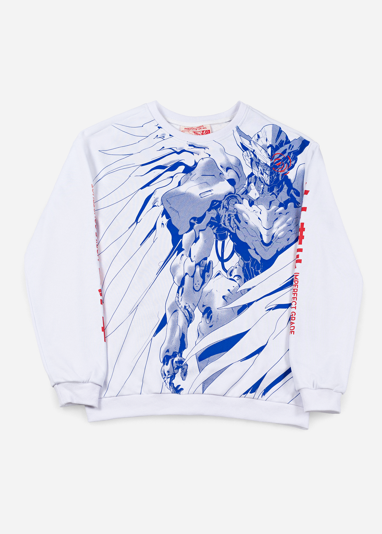 Front facing photo of the Sky Killer design, featuring a large mecha anime design screen printed on the front of a white anime sweater