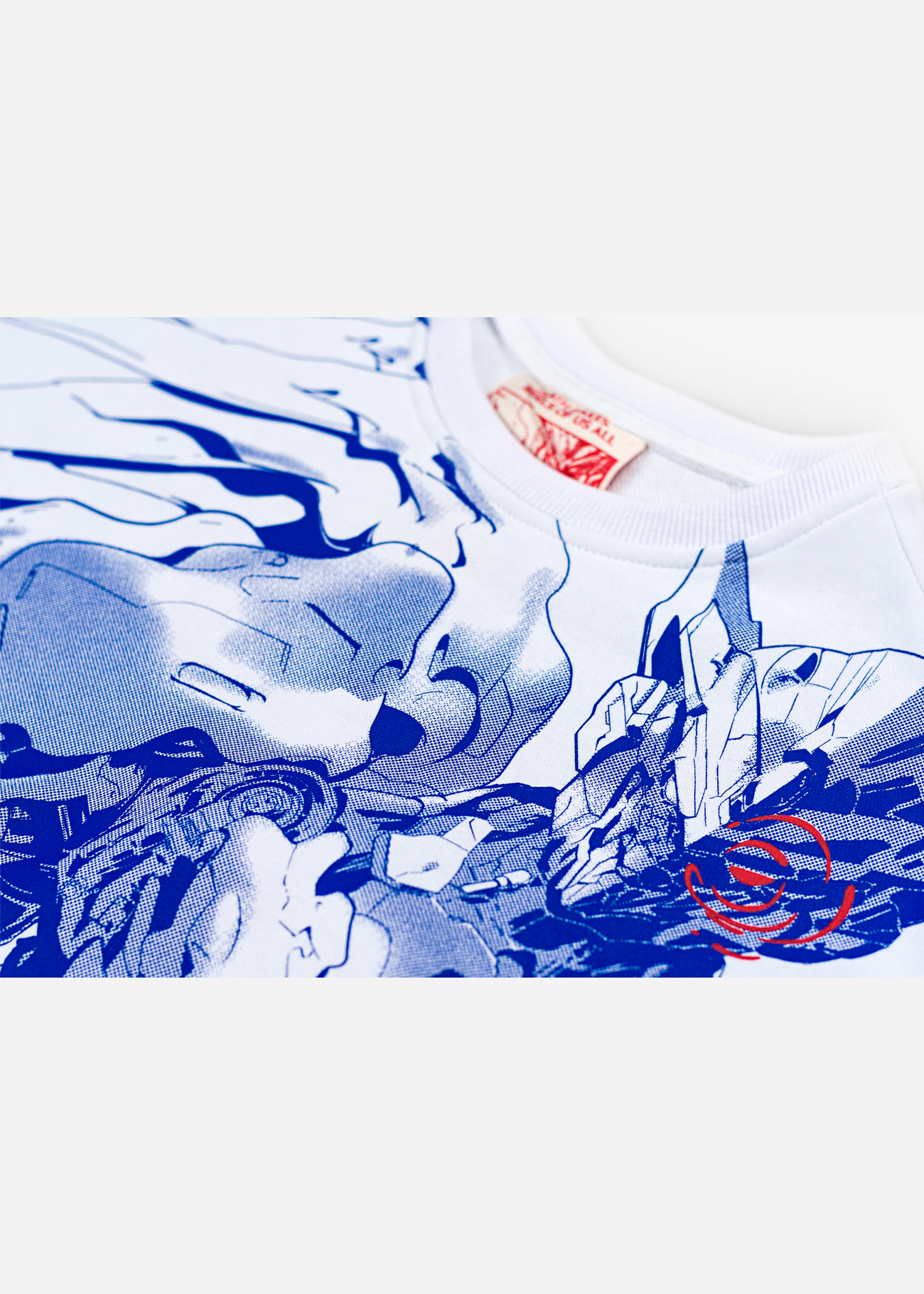 Close up photo of the face of the Sky Killer design, featuring a large mecha anime design screen printed on the front of a white anime sweater